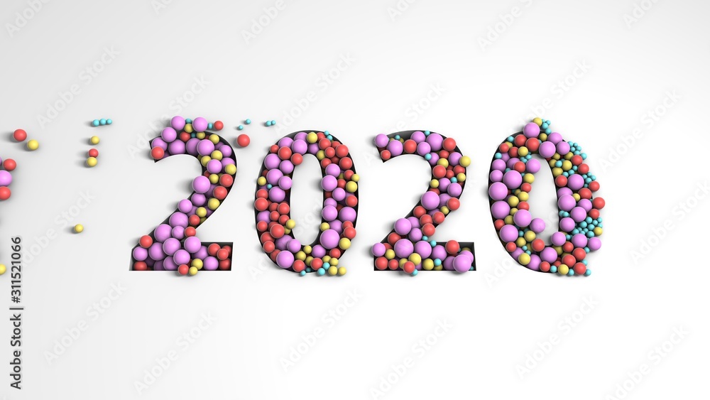 Poster 3d rendering of a set of colored balls located in the hole in the form of 2020, the date of the new 