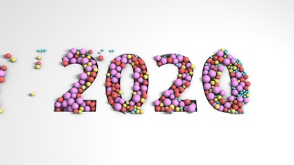 3D rendering of a set of colored balls located in the hole in the form of 2020, the date of the new year. Abstract image for calendars.