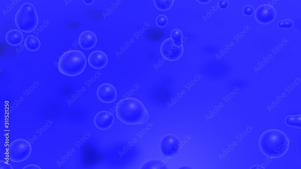 Poster 3d rendering of many drops of blue color scattered randomly in the space above the blue surface. ide