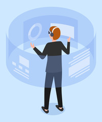 Man wearing goggle headset touching vr interface vector. Virtual reality world, future technology, social media documents. Guy augmented glasses and headphones, visual presentation and graphics