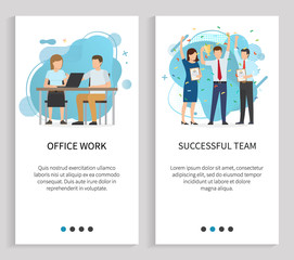 Successful team vector, office work solution of business problems and tasks, people with prize celebrating achievement of company success. Website or slider app, landing page flat style