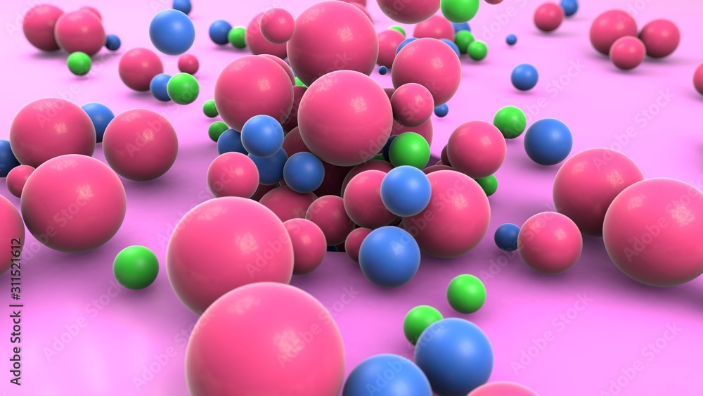Poster 3d rendering of many colored balls flying out of a round hole on the surface. abstract composition, 