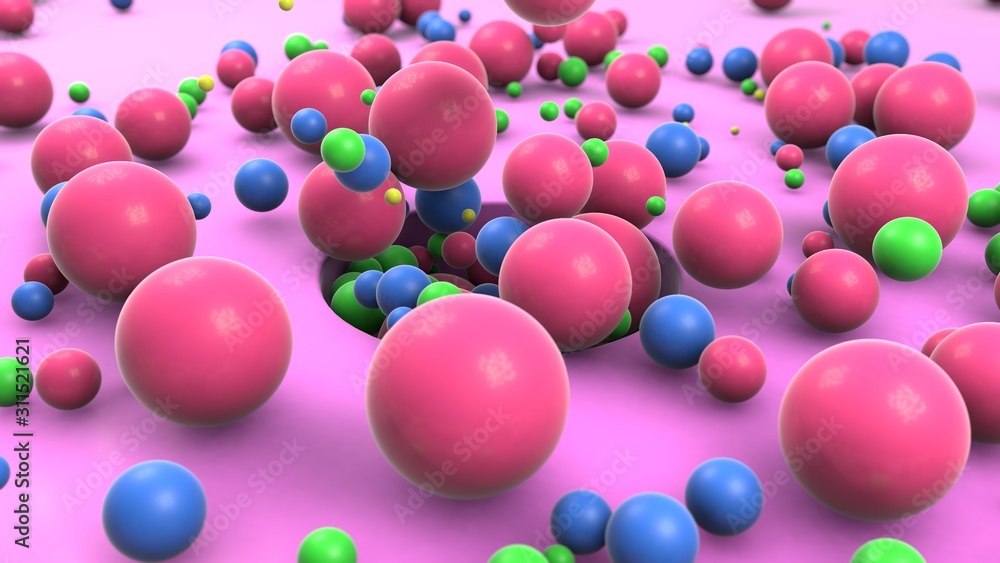Poster 3d rendering of many colored balls flying out of a round hole on the surface. abstract composition, 