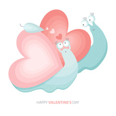 Happy Valentine s day. Funny cartoon snail with a house in the shape of a heart. A cute animal with a pink heart. Greeting card or banner for Valentine s day. Loving couple. Snails in love