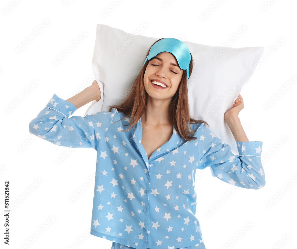 Poster Beautiful woman with pillow and sleep mask on white background. Bedtime