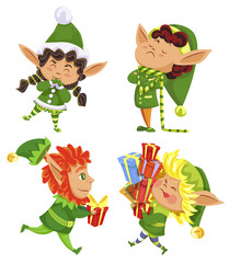 Fototapeta premium Collection of christmas characters, isolated xmas elves wearing traditional costumes. Kids with presents for winter holidays. Child with gifts in boxes. Dwarfs boys and girls, vector in flat