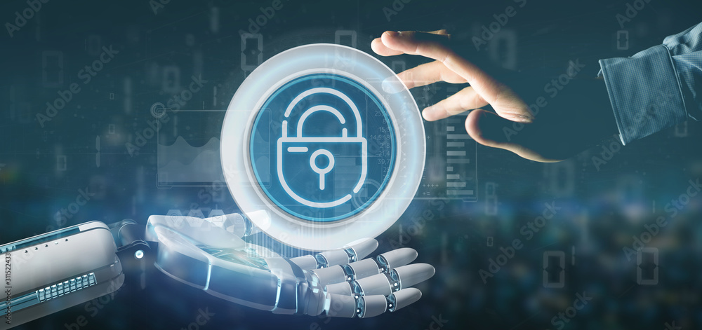 Poster cyborg holding security padlock wheel icon with stats and binary code 3d rendering