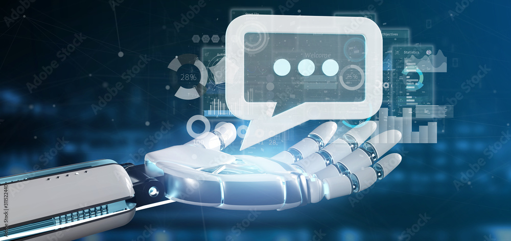 Poster view of a cyborg hand holding a message icon with data in background - 3d rendering