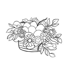 vector illustration easter coloring basket with eggs and flowers on a white background,