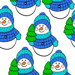  vector illustration pattern funny snowmen with Christmas tree on a white background, children's textile