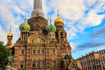 Fototapeta na wymiar Church of Savior on Spilled Blood or Cathedral of Resurrection of Christ is one of main sights of Saint Petersburg, Russia. Central dome of Church of the Savior on Spilled Blood under reconstruction