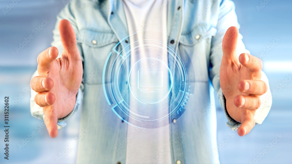 Aufkleber businessman holding a shinny technologic computer button - 3d render