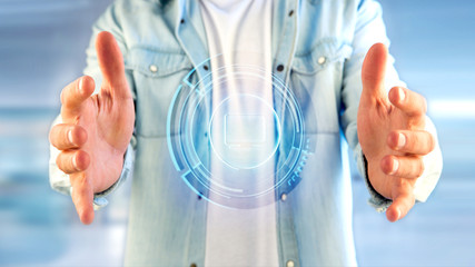 Businessman holding a Shinny technologic computer button - 3d render