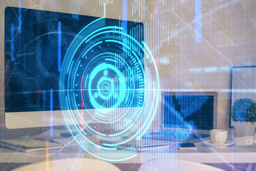 Technology theme drawing and work space with computer. Multi exposure. Concept of innovation.