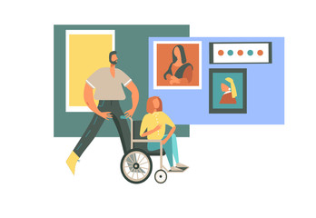 Cute vector illustration of romantic couple visiting art gallery with famous classic paintings. Young man and disabled girl in wheelchair enjoy accessible space on excursion in museum