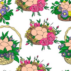  vector illustration of easter basket pattern with eggs and flowers, on a white background, children's textile