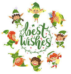 Best wishes greeting card with calligraphic inscription and cute elves in circle. Kids smiling and jumping around wreath of mistletoe. Girls and boys with presents on xmas winter holidays, vector