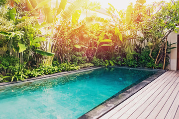 Empty swimming pool in luxury villa with tropic plants