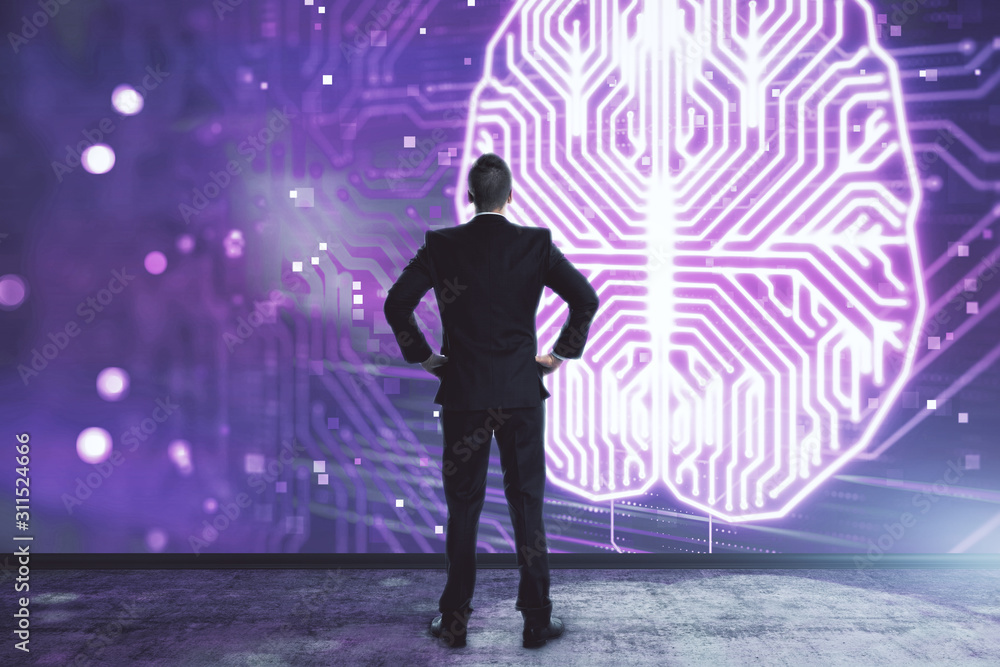 Poster man and brain icon hologram. double exposure. concept of data development