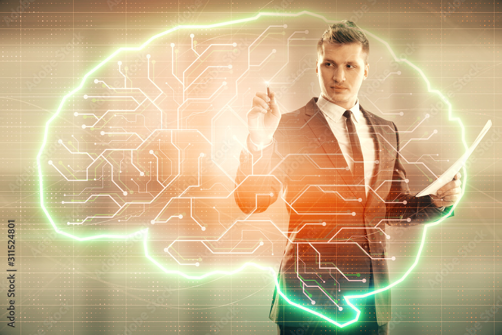 Aufkleber man and brain icon hologram. double exposure. concept of data development
