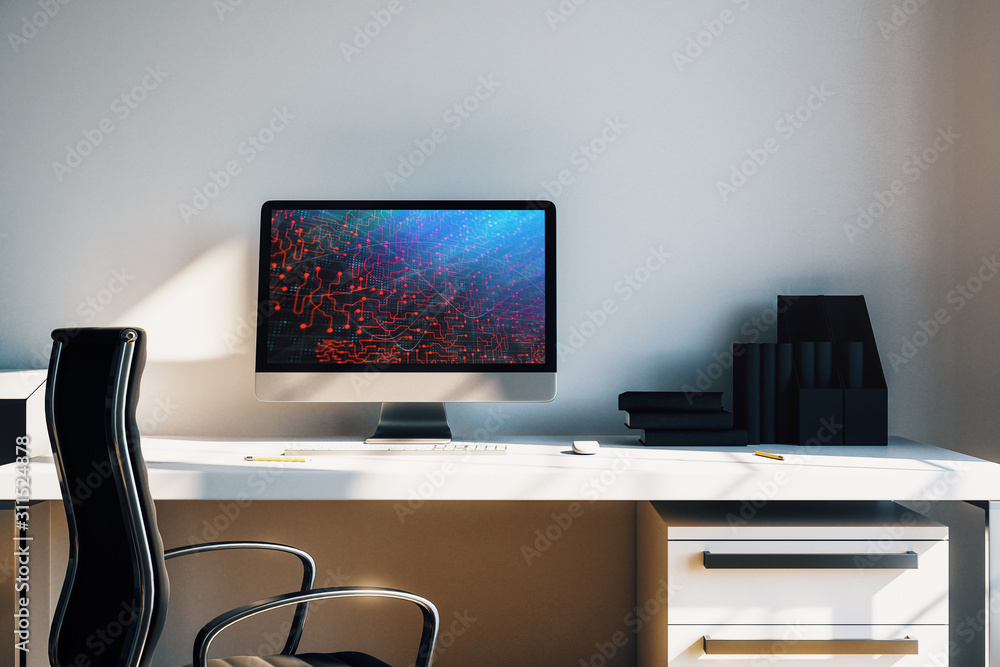 Aufkleber cabinet desktop interior with technology theme drawing on computer screen. concept of hightech. 3d r