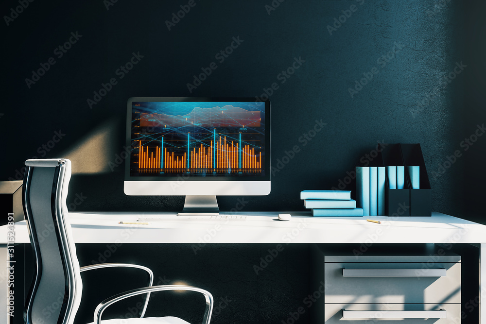 Aufkleber cabinet desktop interior with financial charts and graphs on computer screen. concept of stock marke