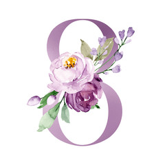 Number 8 with watercolor violet flowers roses and leaf. Perfectly for anniversary, wedding, birthday invitations, greeting card and other floral design. Hand painting. Isolated on white background. 