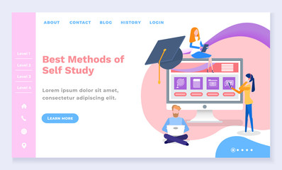 Best methods of self study, education of students. People working on laptop, watching online courses and videos online. Graduation hat on screen. Website or webpage, landing page, vector in flat style