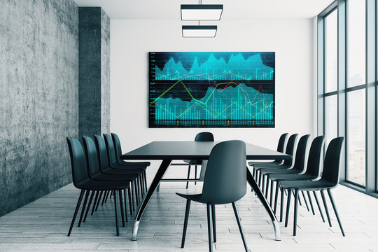 Conference room interior with financial chart on screen monitor on the wall. Stock market analysis concept. 3d rendering. - Powered by Adobe