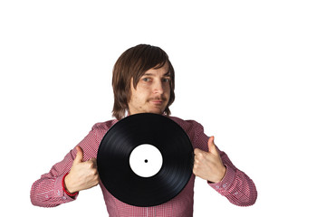 A man holds a black vinyl record. Isolate on a white background. Thumbs up.