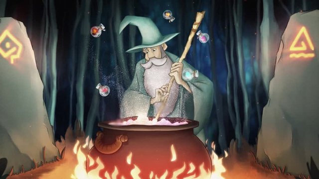 Abstract animation of an old wizard making a potion above boiling pot, adding strange ingredient and getting a bright beam of light. Stock footage. Magic and ritual concept.