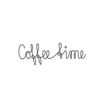 Coffee time lettering, continuous line drawing, design element for poster, banner, card or t-shirt, print, logo, one single line on a white background, isolated vector illustration.