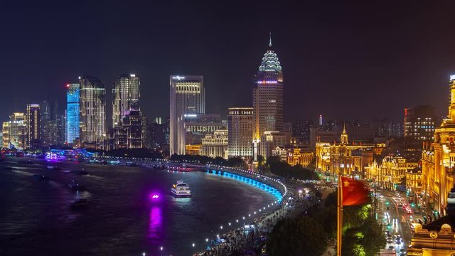 Waitan bank in Shanghai by Huangpu river in China timelapse pan up