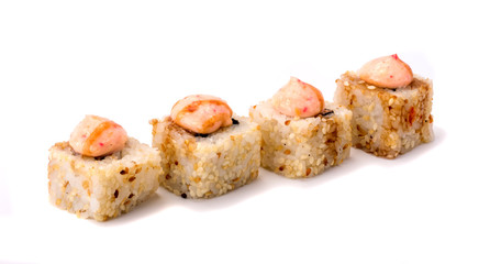 Deep fried Japanese hot roll. with mussels, sesame seeds, bacon and cream cheese isolated on white background