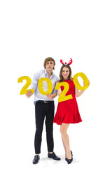 Cute Caucasian couple celebrate happy new year 2020 and Christmas day isolated with white background