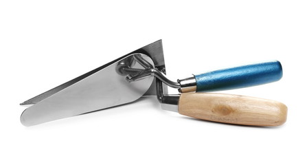 Two metal trowel tools, bricklaying equipment isolated on white background