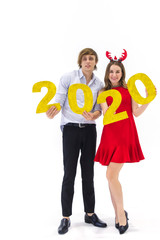 Cute Caucasian couple celebrate happy new year 2020 and Christmas day isolated with white background