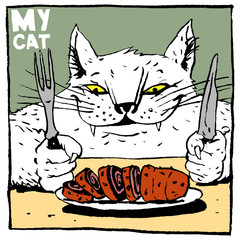 Portrait of a gourmet cat, with a roll, fork and knife. Color humorous illustration, suitable for the design of publications and poster.