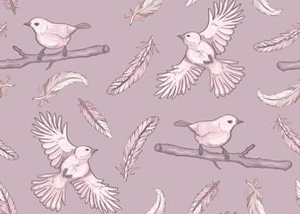 Seamless pattern with birds and feathers.