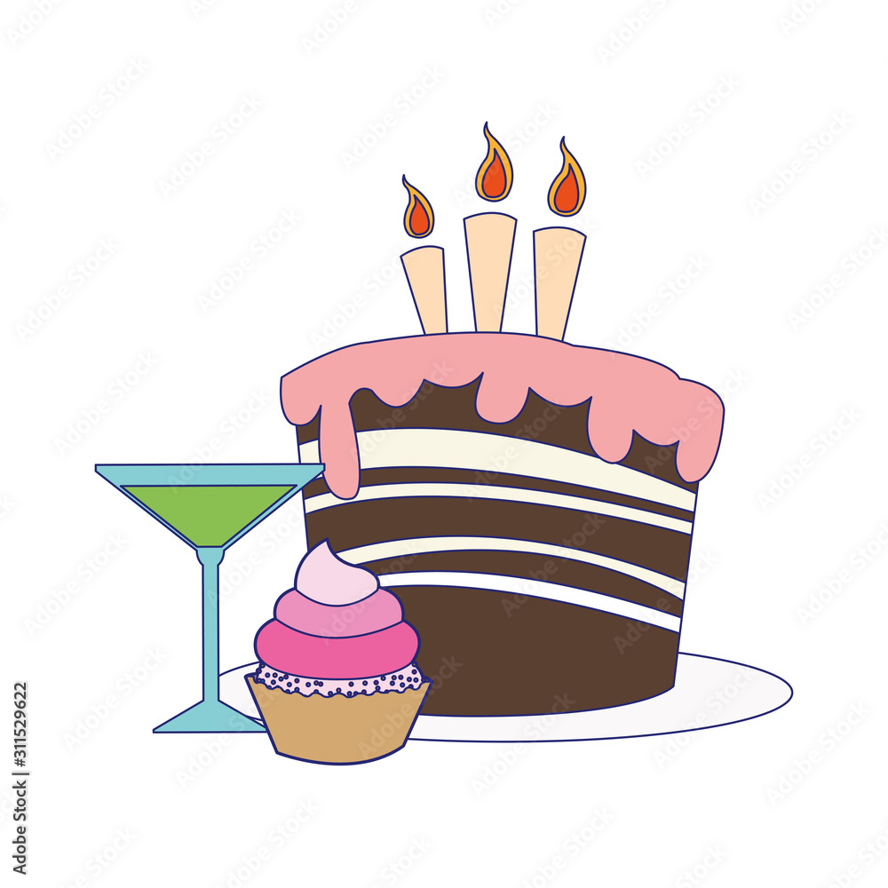 Sticker cupcake and cocktail with birthday cake with candles icon