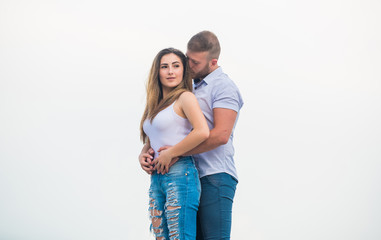Couple in love. Cute relationship. Man and woman cuddle nature background. Supporting her. Family...