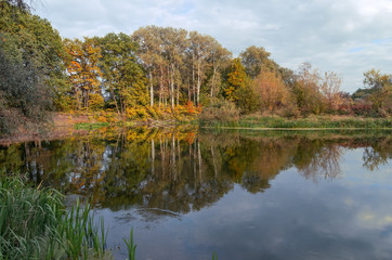 Autumn landscape by the river, symmetrical reflection in the water
