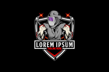 men with welding machines and helmets vector template logo emblem