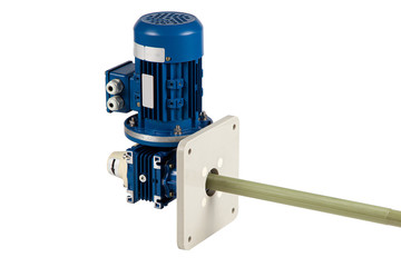 Industrial chemical barrel mixer with AC motor and gear box isolated on white background.