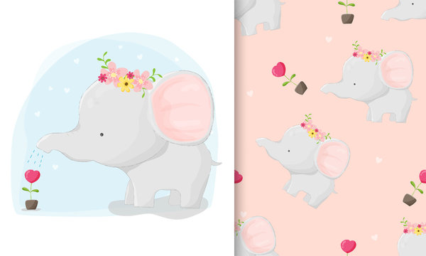 Cute hand drawn elephant planting love  with seamless pattern set