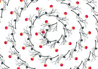 Watercolor hand drawn silhouette as a bird couple (two birds) on separate tree branch painting pattern. Use for App,Postcards, Packaging, Items, Websites, Fabric and Material-illustration.