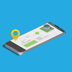 City isometric plan with road and buildings on smart phone. Map on mobile application. 3d vector illustration.