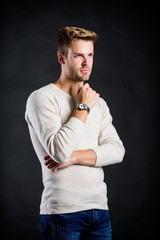 Gift shop. Confident macho luxurious watch black background. Watches are convenient. Status and...