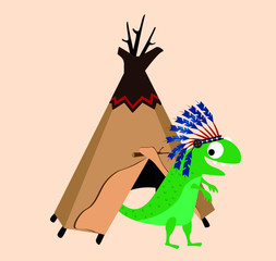 Dinosaur in an Indian costume next to a wigwam. Children's drawing. Drawing for little children.