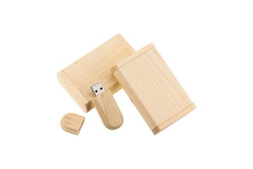 Wooden flash drive isolated on white background